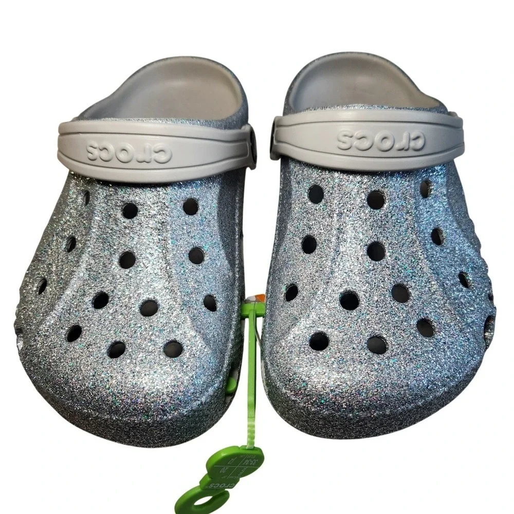 CROCS Baya Clogs Shoes Youth J2 Silver Glitter Sandals Slip-ons Slides NEW